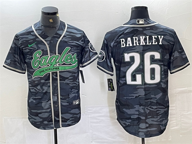 Men's Philadelphia Eagles #26 Saquon Barkley Grey Camo Cool Base Stitched Baseball Jersey